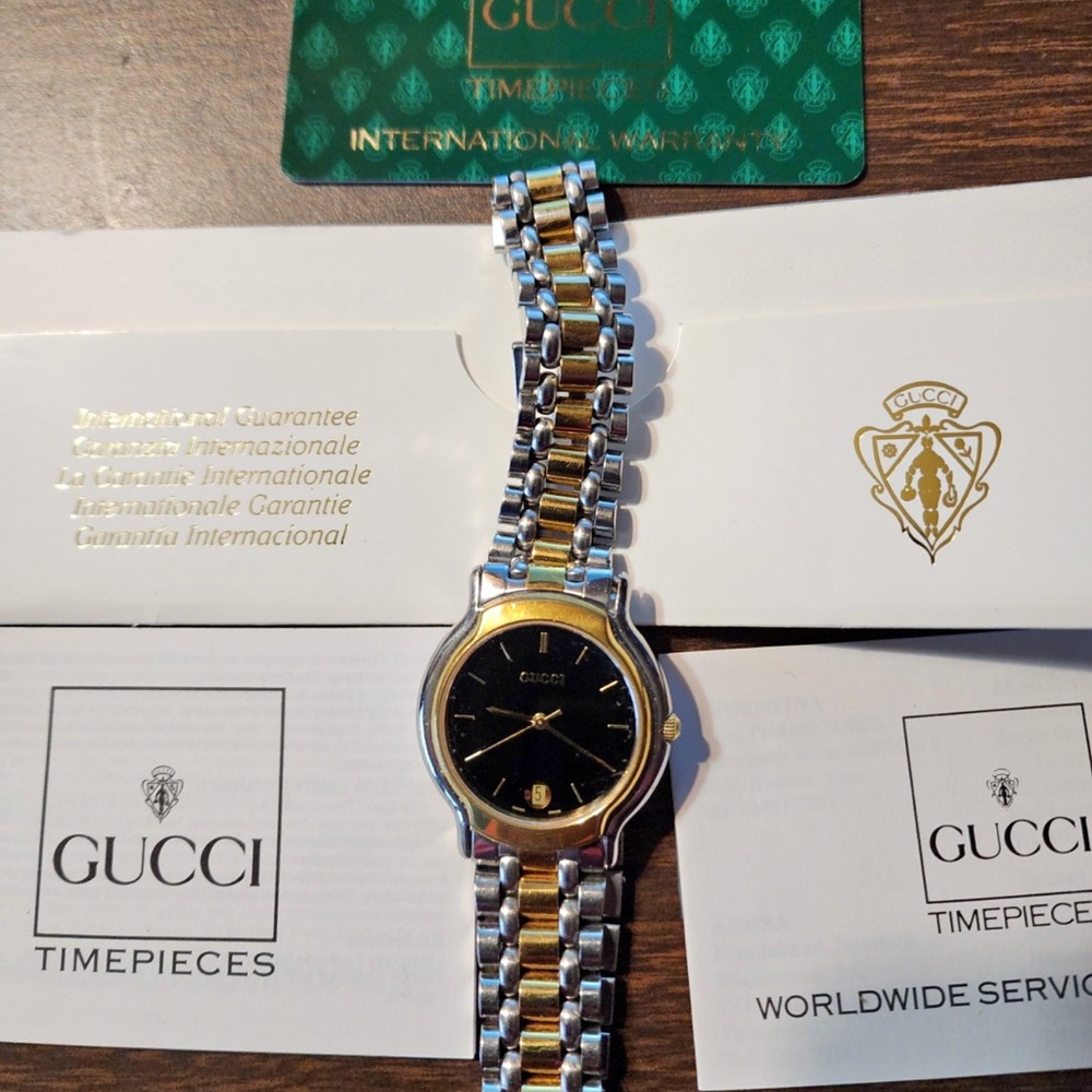 Gucci Gold and Silver Watch with Black Face